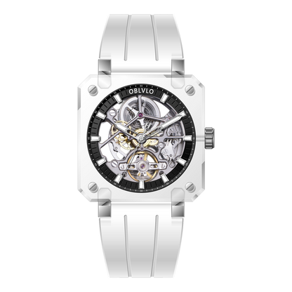 OBLVLO BRM Series - Black Dial & Full Sapphire Square Case Skeleton Mechanical Watch For Men's
