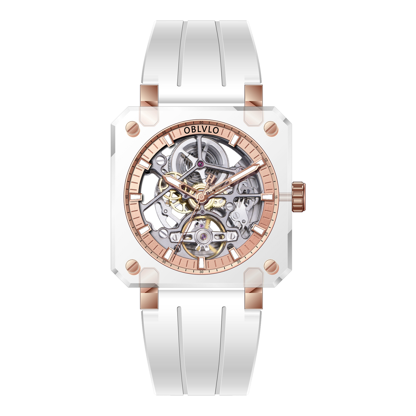High Quality Full Sapphire Square Case Skeleton Automatic Watch For Men's - OBLVLO BRM Series Rose Gold Dial