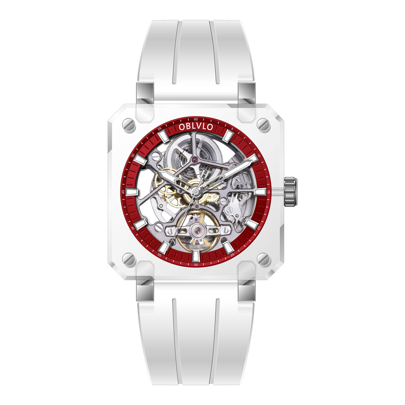 OBLVLO BRM Series - High Quality Red Dial & Full Sapphire Square Case Skeleton Automatic Watch