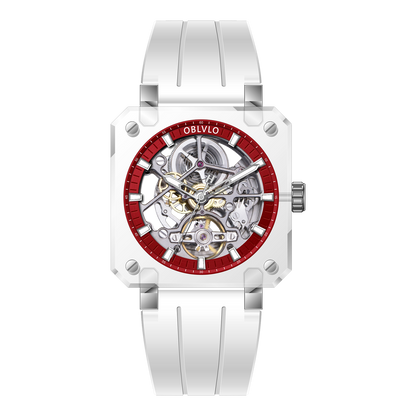 OBLVLO BRM Series - High Quality Red Dial & Full Sapphire Square Case Skeleton Automatic Watch
