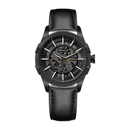 OBLVLO CAM AR-SK Men's Classic All Black 3-Hand Automatic Skeleton Dial 42mm Watch