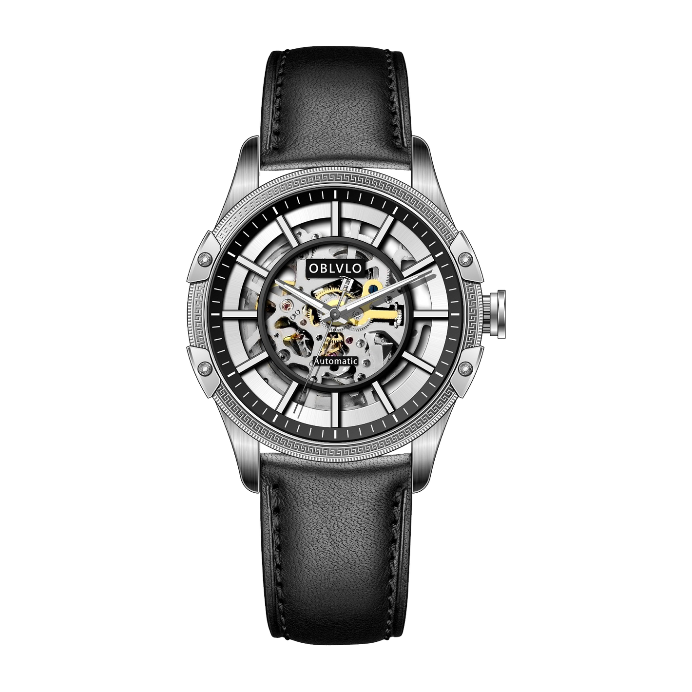 Men's Watch with Automatic Skeleton and Genuine Leather or Stainless Steel Band - OBLVLO CAM AR-SK