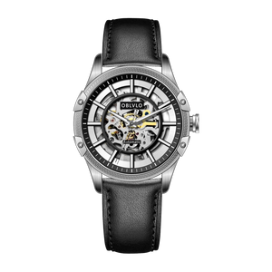 Men's Watch with Automatic Skeleton and Genuine Leather or Stainless Steel Band - OBLVLO CAM AR-SK
