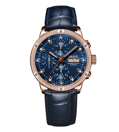Luxury Rose Gold Automatic Chronograph Pilot Watch - Blue Dial Oblvlo CM2 PLL