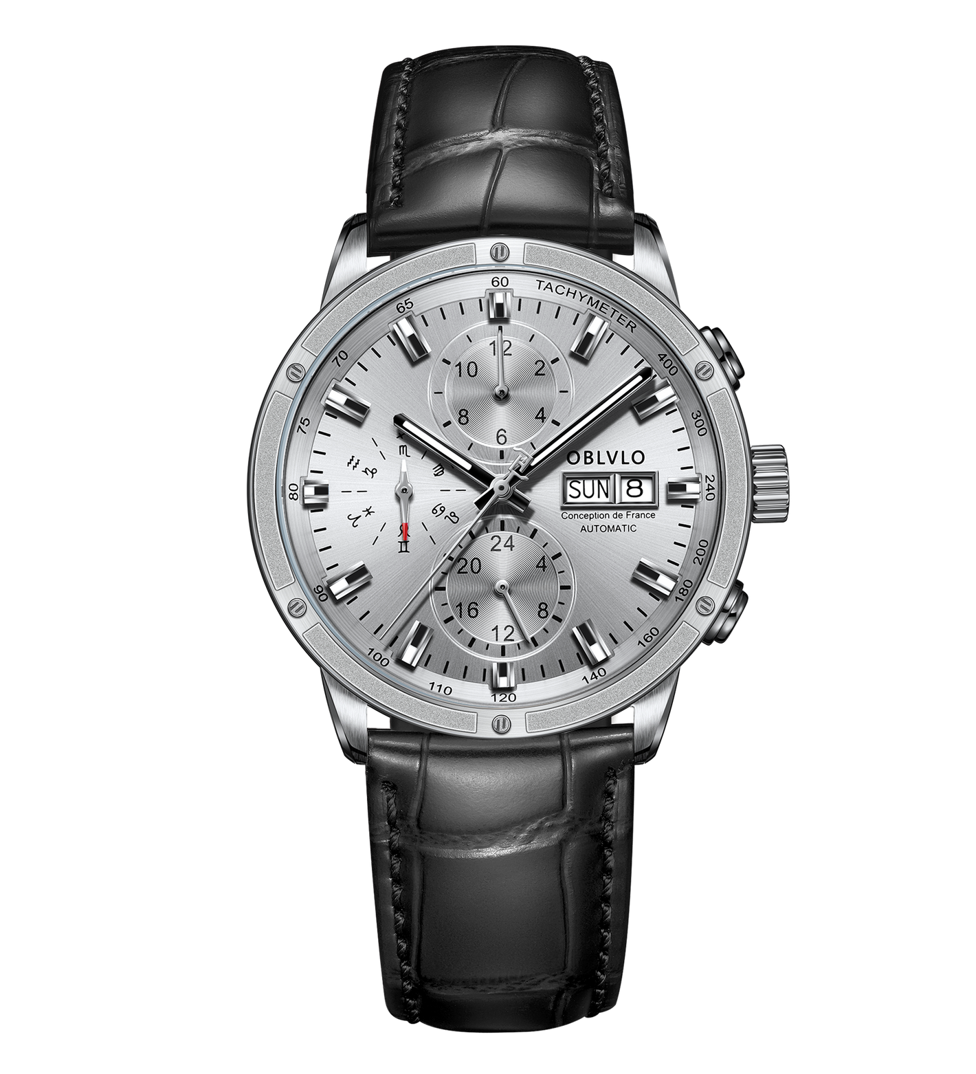 Affordable Automatic Chronograph Watches for men - Silver Dial Oblvlo CM2 YWB