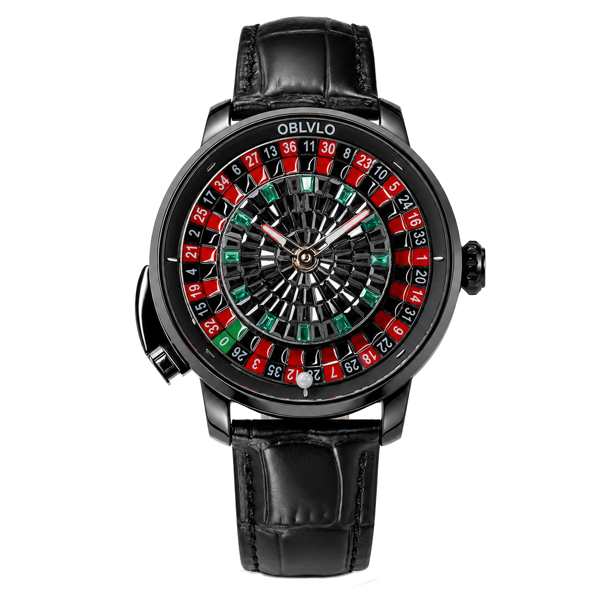 All Black Luxury OBLVLO CSM-CA Men's Casino Automatic Mechanical Watch - Iced-Out Black & Emerald Green Gem Center Dial with Black Leather Strap