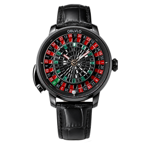 All Black Luxury OBLVLO CSM-CA Men's Casino Automatic Mechanical Watch - Iced-Out Black & Emerald Green Gem Center Dial with Black Leather Strap