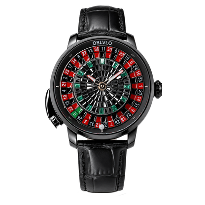 All Black Luxury OBLVLO CSM-CA Men's Casino Automatic Mechanical Watch - Iced-Out Black & Emerald Green Gem Center Dial with Black Leather Strap