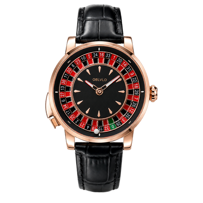 Rose Gold OBLVLO CSM-CA Men's Casino Roulette Wheel Watch - Mechanical Automatic Luxury Gambling Wristwatch