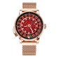 OBLVLO CSM-CA Luxury Casino Roulette Wheel Automatic Watch - Rose Gold Case with Iced-Out Red Gem Center Dial & Brown Leather Strap