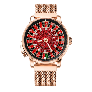 OBLVLO CSM-CA Luxury Casino Roulette Wheel Automatic Watch - Rose Gold Case with Iced-Out Red Gem Center Dial & Brown Leather Strap