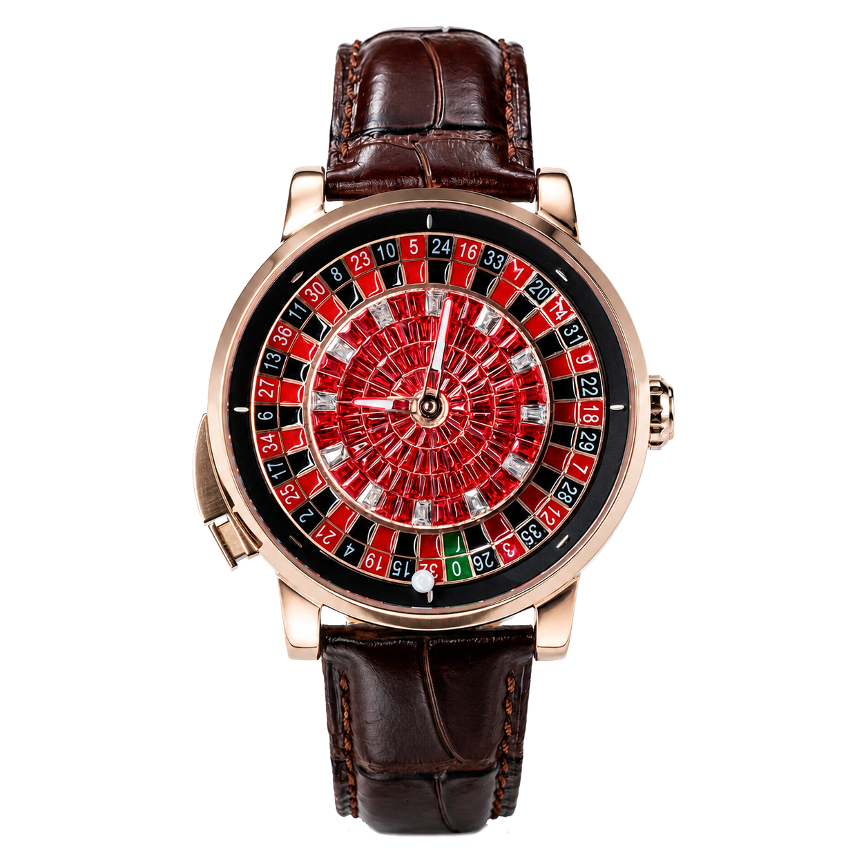 OBLVLO CSM-CA Luxury Casino Roulette Wheel Automatic Watch - Rose Gold Case with Iced-Out Red Gem Center Dial & Brown Leather Strap