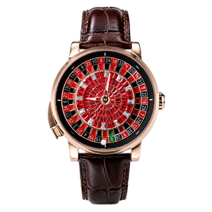 OBLVLO CSM-CA Luxury Casino Roulette Wheel Automatic Watch - Rose Gold Case with Iced-Out Red Gem Center Dial & Brown Leather Strap