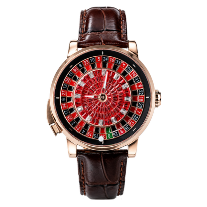 OBLVLO CSM-CA Luxury Casino Roulette Wheel Automatic Watch - Rose Gold Case with Iced-Out Red Gem Center Dial & Brown Leather Strap