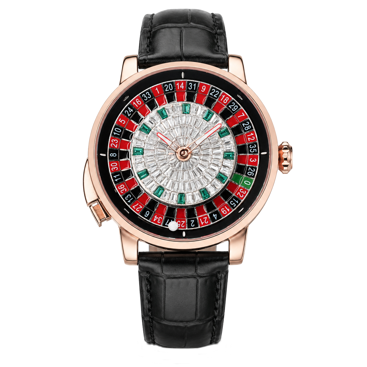 OBLVLO CSM-CA Men's Luxury Casino Roulette Wheel Watch - Rose Gold Case, Full Clear & Emerald Crystal Dial