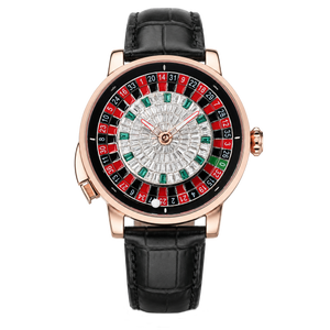 OBLVLO CSM-CA Men's Luxury Casino Roulette Wheel Watch - Rose Gold Case, Full Clear & Emerald Crystal Dial
