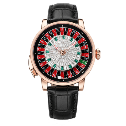 OBLVLO CSM-CA Men's Luxury Casino Roulette Wheel Watch - Rose Gold Case, Full Clear & Emerald Crystal Dial