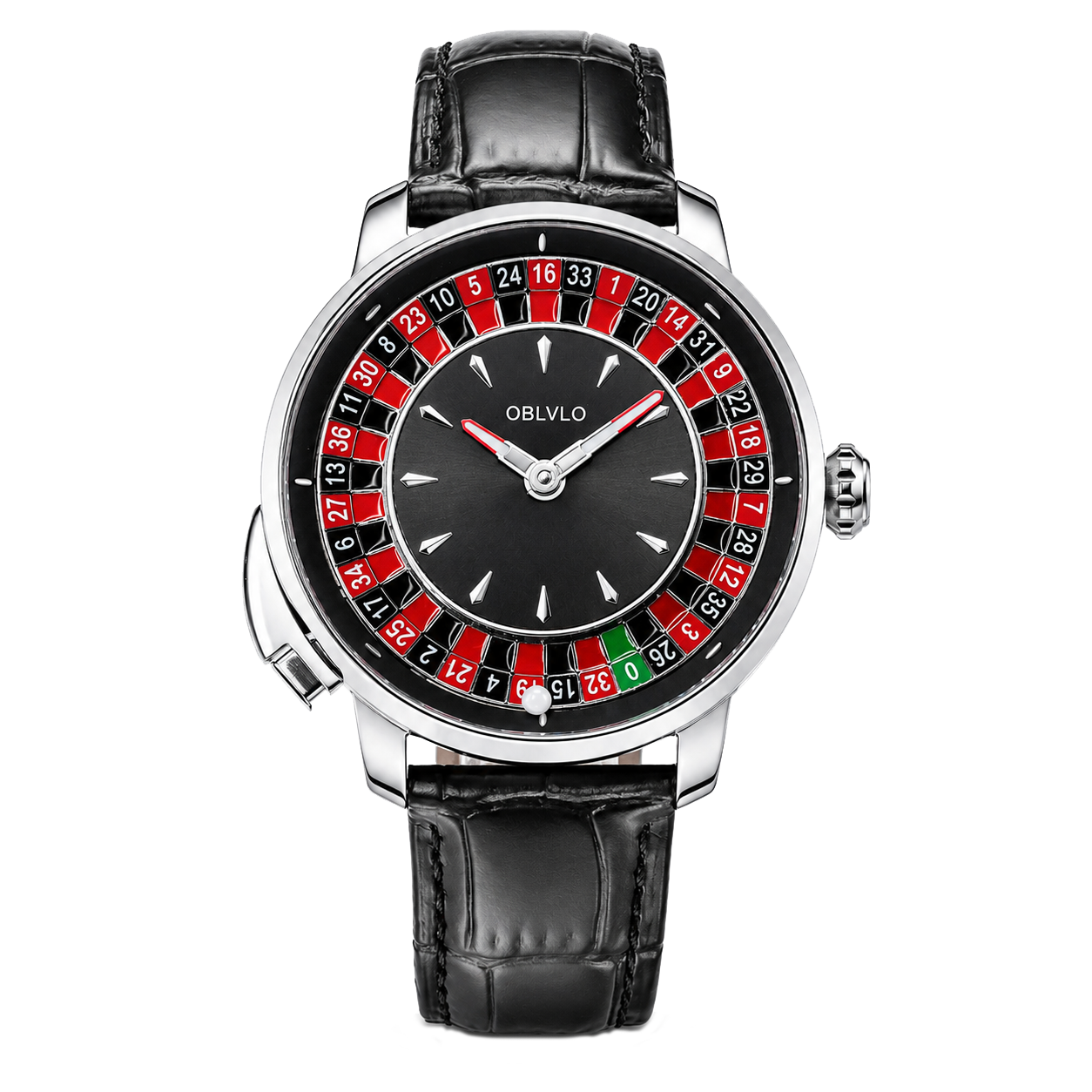 Luxury OBLVLO CSM-CA Men's Casino Watch - Silver Stainless Steel Case with Red Gemstone Center Dial & Black Leather Strap
