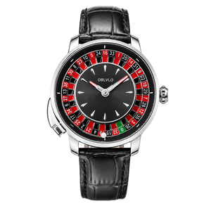 Luxury OBLVLO CSM-CA Men's Casino Watch - Silver Stainless Steel Case with Red Gemstone Center Dial & Black Leather Strap