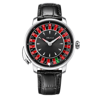 Luxury OBLVLO CSM-CA Men's Casino Watch - Silver Stainless Steel Case with Red Gemstone Center Dial & Black Leather Strap