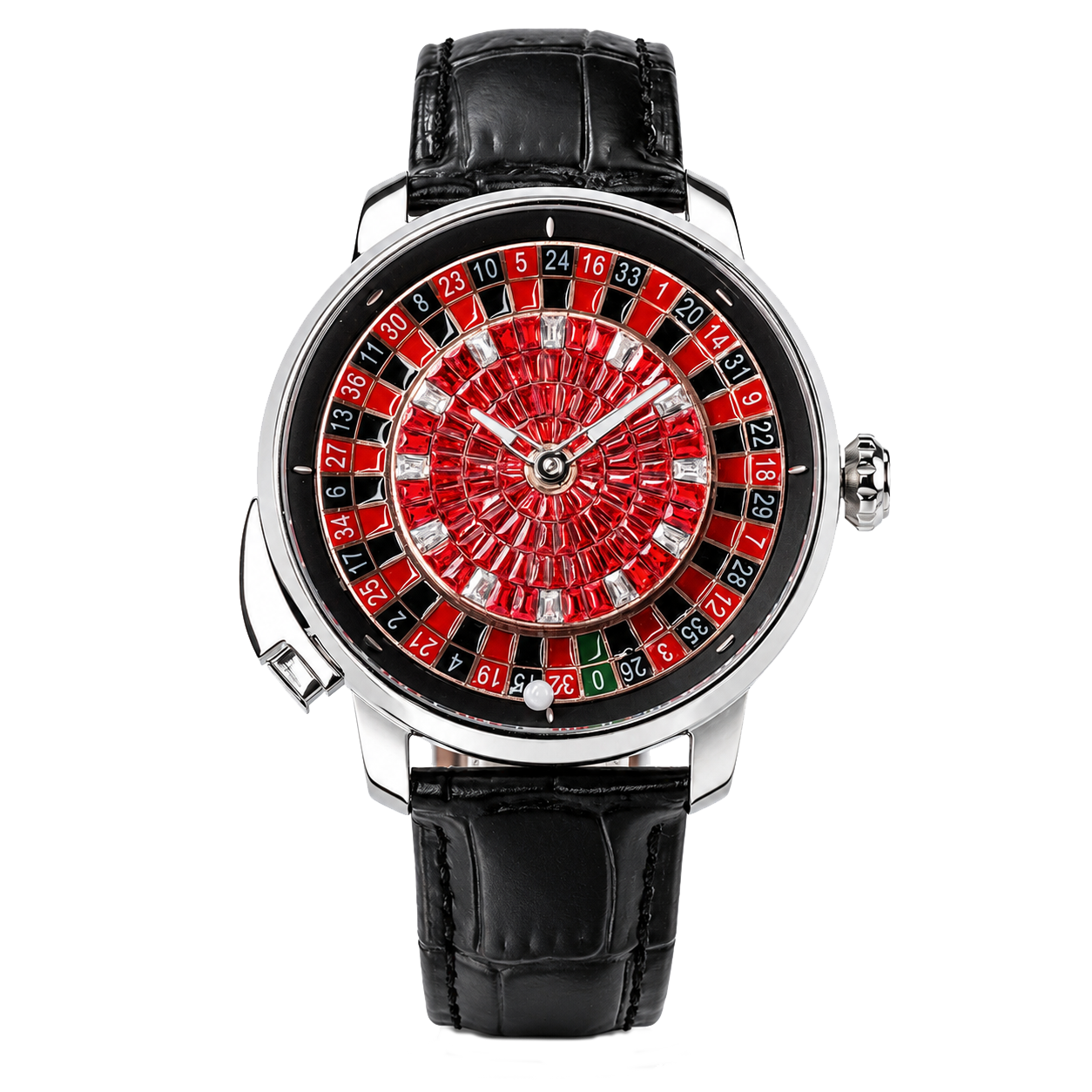 OBLVLO CSM-CA Luxury Men's Casino Automatic Watch - Silver Stainless Steel Case, Iced-Out White Baguette & Green Crystal Dial with Black Leather Strap