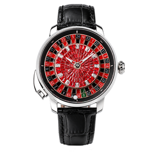 OBLVLO CSM-CA Luxury Men's Casino Automatic Watch - Silver Stainless Steel Case, Iced-Out White Baguette & Green Crystal Dial with Black Leather Strap