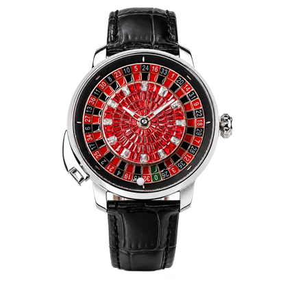 OBLVLO CSM-CA Luxury Men's Casino Automatic Watch - Silver Stainless Steel Case, Iced-Out White Baguette & Green Crystal Dial with Black Leather Strap
