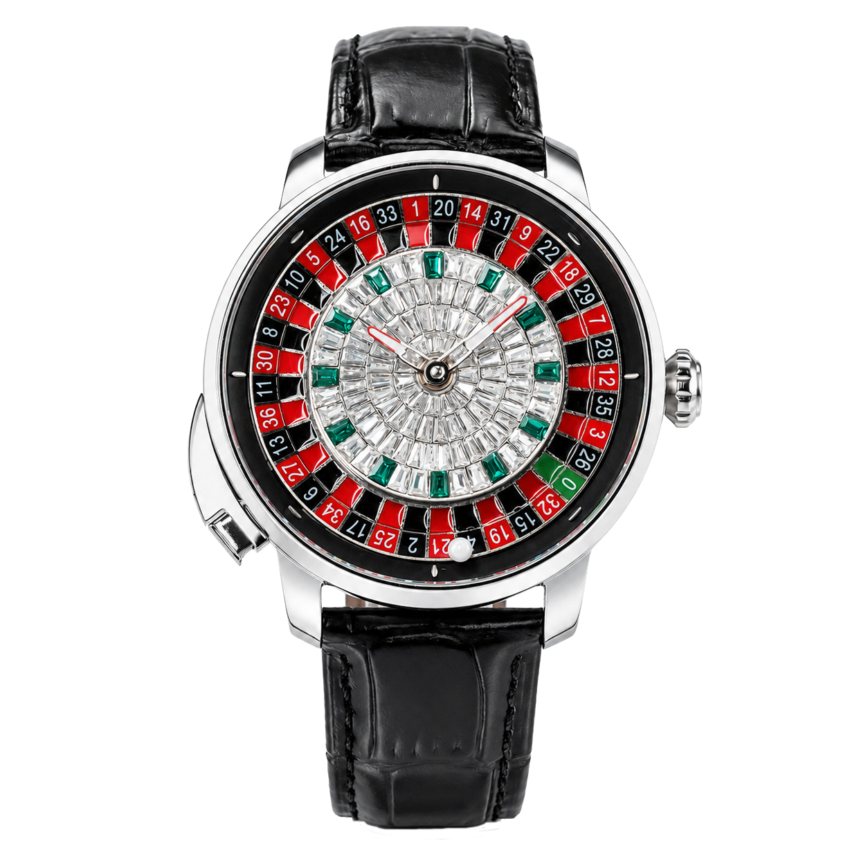 OBLVLO CSM-CA Men's Casino Roulette Wheel Automatic Mechanical Watch - Silver Stainless Steel Case, Black Dial & Black Leather Strap
