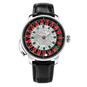 OBLVLO CSM-CA Men's Casino Roulette Wheel Automatic Mechanical Watch - Silver Stainless Steel Case, Black Dial & Black Leather Strap