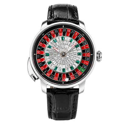 OBLVLO CSM-CA Men's Casino Roulette Wheel Automatic Mechanical Watch - Silver Stainless Steel Case, Black Dial & Black Leather Strap