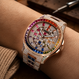 OBLVLO FM-DSL-AD Luxury Mens Mechanical Watch Hand-Set Rainbow Crystal Bezel Automatic Movement Rose Gold Iced Out Steel Wristwatch