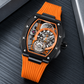 OBLVLO ZRM-ZM Men's Tonneau Skeleton Automatic Watch 46mm Black PVD Case Orange Inner Ring Rubber Strap Racing Sport Mechanical Wristwatch