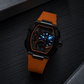 OBLVLO ZRM-ZM Men's Tonneau Skeleton Automatic Watch 46mm Black PVD Case Orange Inner Ring Rubber Strap Racing Sport Mechanical Wristwatch
