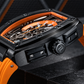 OBLVLO ZRM-ZM Men's Tonneau Skeleton Automatic Watch 46mm Black PVD Case Orange Inner Ring Rubber Strap Racing Sport Mechanical Wristwatch