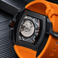 OBLVLO ZRM-ZM Men's Tonneau Skeleton Automatic Watch 46mm Black PVD Case Orange Inner Ring Rubber Strap Racing Sport Mechanical Wristwatch