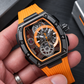 OBLVLO ZRM-ZM Men's Tonneau Skeleton Automatic Watch 46mm Black PVD Case Orange Inner Ring Rubber Strap Racing Sport Mechanical Wristwatch