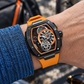 OBLVLO ZRM-ZM Men's Tonneau Skeleton Automatic Watch 46mm Black PVD Case Orange Inner Ring Rubber Strap Racing Sport Mechanical Wristwatch