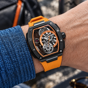 OBLVLO ZRM-ZM Men's Tonneau Skeleton Automatic Watch 46mm Black PVD Case Orange Inner Ring Rubber Strap Racing Sport Mechanical Wristwatch