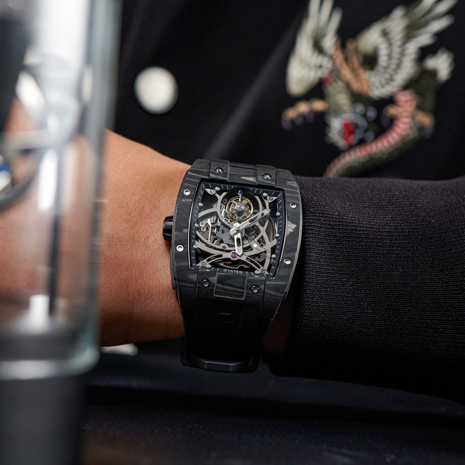 Luxury Black Carbon Fiber Skeleton Flying Tourbillon Watch - OBLVLO EM