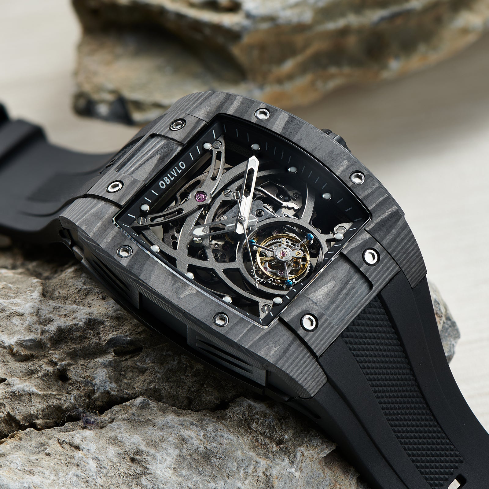 Luxury Black Carbon Fiber Skeleton Flying Tourbillon Watch - OBLVLO EM