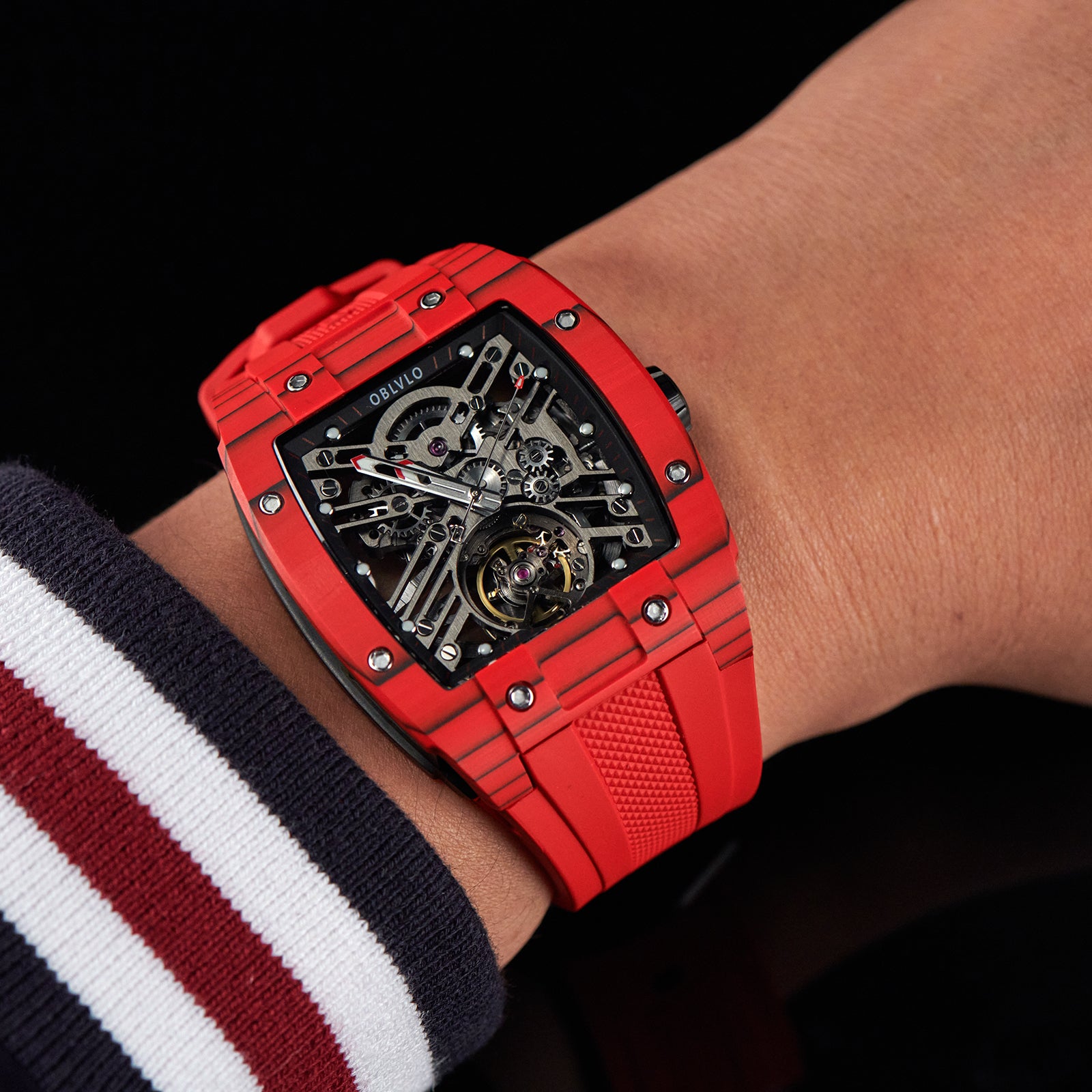 Best Luxury Tonneau Red Mechanical Skeleton Watches Oblvlo EM-ST-RBR