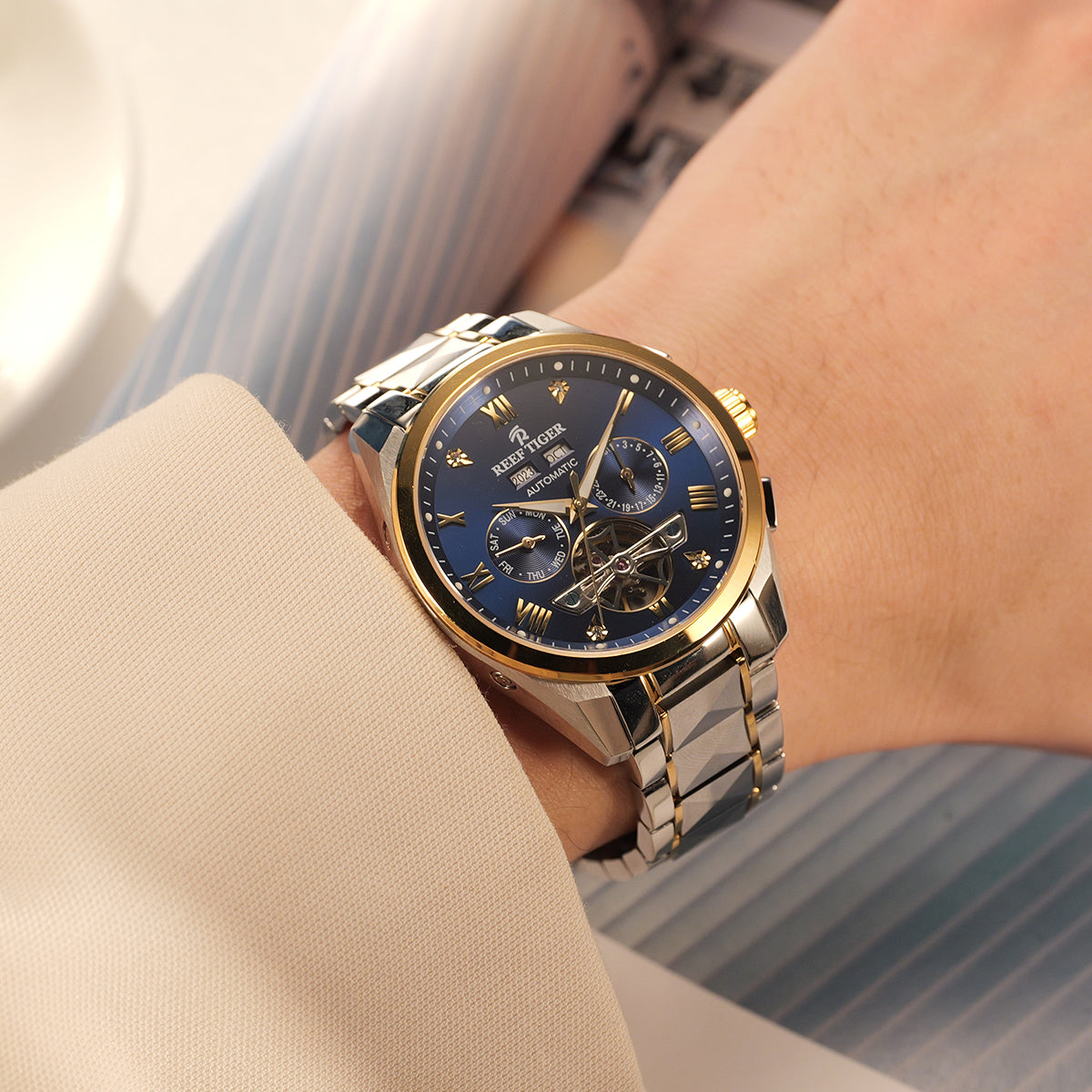 Affordable Luxury Yellow Gold Case & Blue Day Date Dial