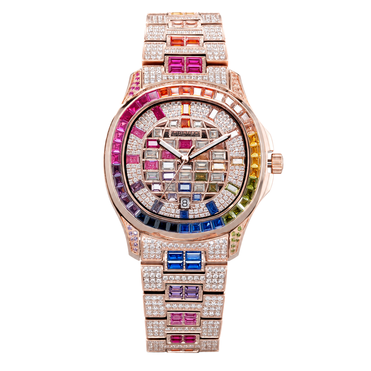 OBLVLO FM-DSL-AD Luxury Mens Mechanical Watch Hand-Set Rainbow Crystal Bezel Automatic Movement Rose Gold Iced Out Steel Wristwatch