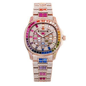 OBLVLO FM-DSL-AD Luxury Mens Mechanical Watch Hand-Set Rainbow Crystal Bezel Automatic Movement Rose Gold Iced Out Steel Wristwatch