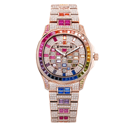 OBLVLO FM-DSL-AD Luxury Mens Mechanical Watch Hand-Set Rainbow Crystal Bezel Automatic Movement Rose Gold Iced Out Steel Wristwatch