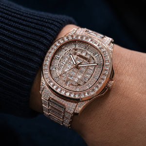 OBLVLO FM-DSL-AD Mens Iced Out Watch Luxury Baguette Crystal Automatic Wristwatch Rose Gold Bling Diamond Hip Hop Jewelry Watch