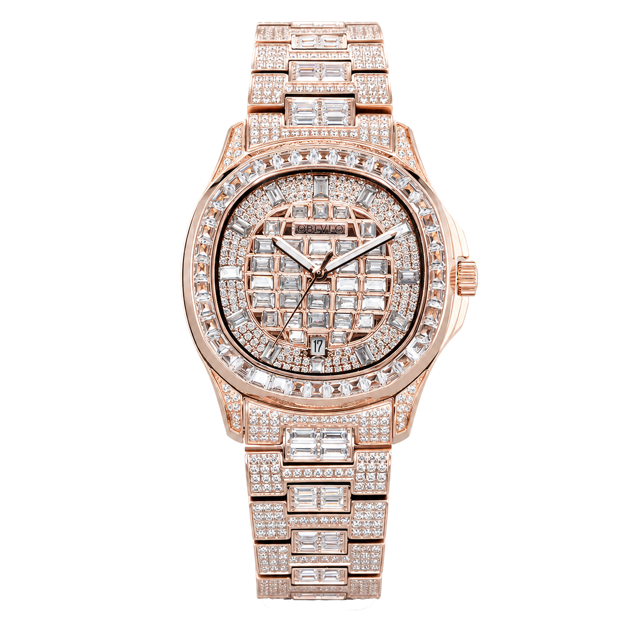 OBLVLO FM-DSL-AD Mens Iced Out Watch Luxury Baguette Crystal Automatic Wristwatch Rose Gold Bling Diamond Hip Hop Jewelry Watch