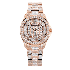 OBLVLO FM-DSL-AD Mens Iced Out Watch Luxury Baguette Crystal Automatic Wristwatch Rose Gold Bling Diamond Hip Hop Jewelry Watch