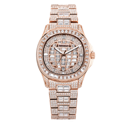 OBLVLO FM-DSL-AD Mens Iced Out Watch Luxury Baguette Crystal Automatic Wristwatch Rose Gold Bling Diamond Hip Hop Jewelry Watch
