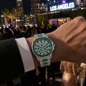 OBLVLO FM-DSL-AD Mens Iced Out Diamond Watch Luxury Emerald Green Baguette Gemstone Automatic Mechanical Wristwatch Silver Stainless Steel